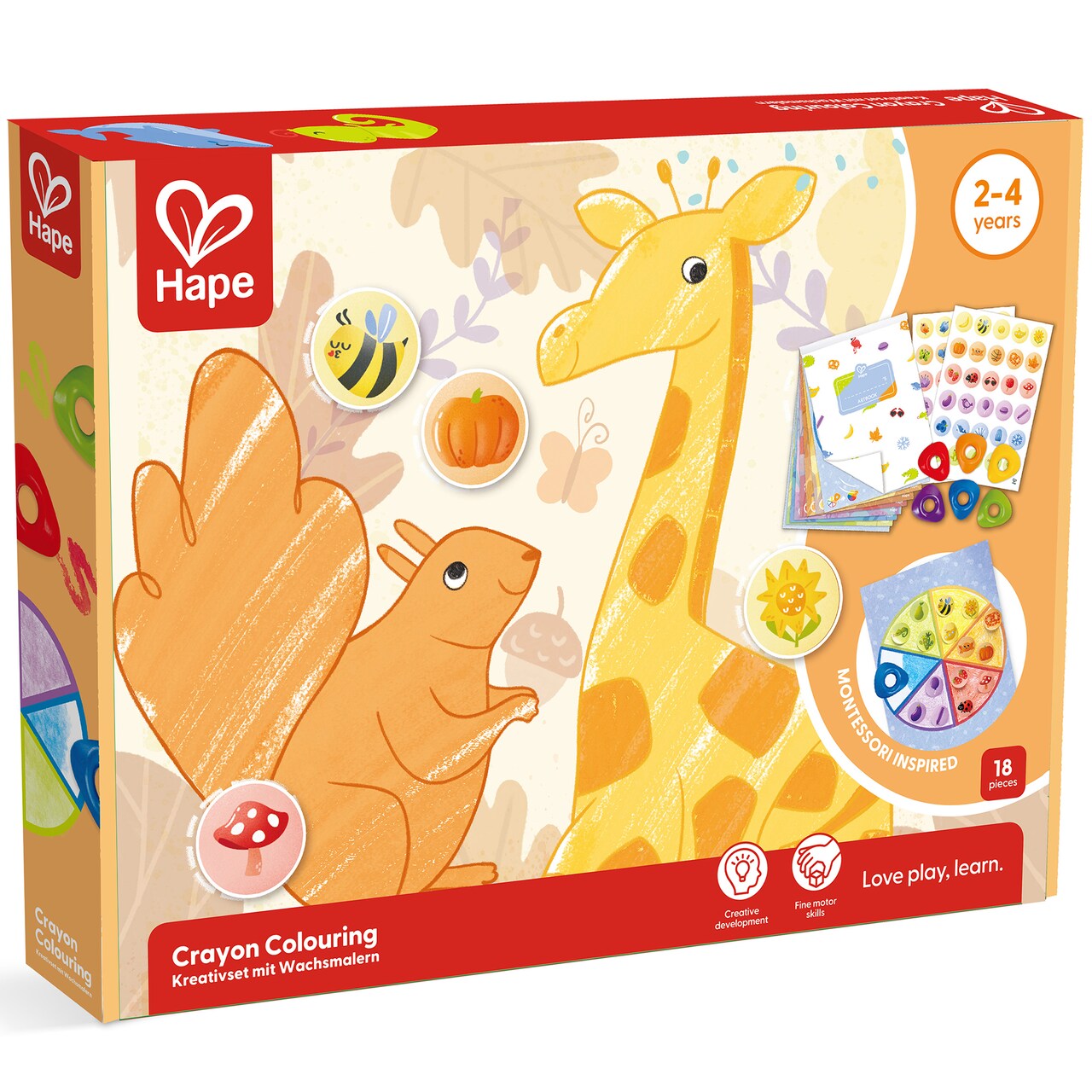 Hape: Crayon Coloring - 18pc Art Set, Animal & Nature Theme, 2 Stickers Sheets, 6 Rainbow Crayons, Montessori Activities, Toddlers & Kids Ages 2+